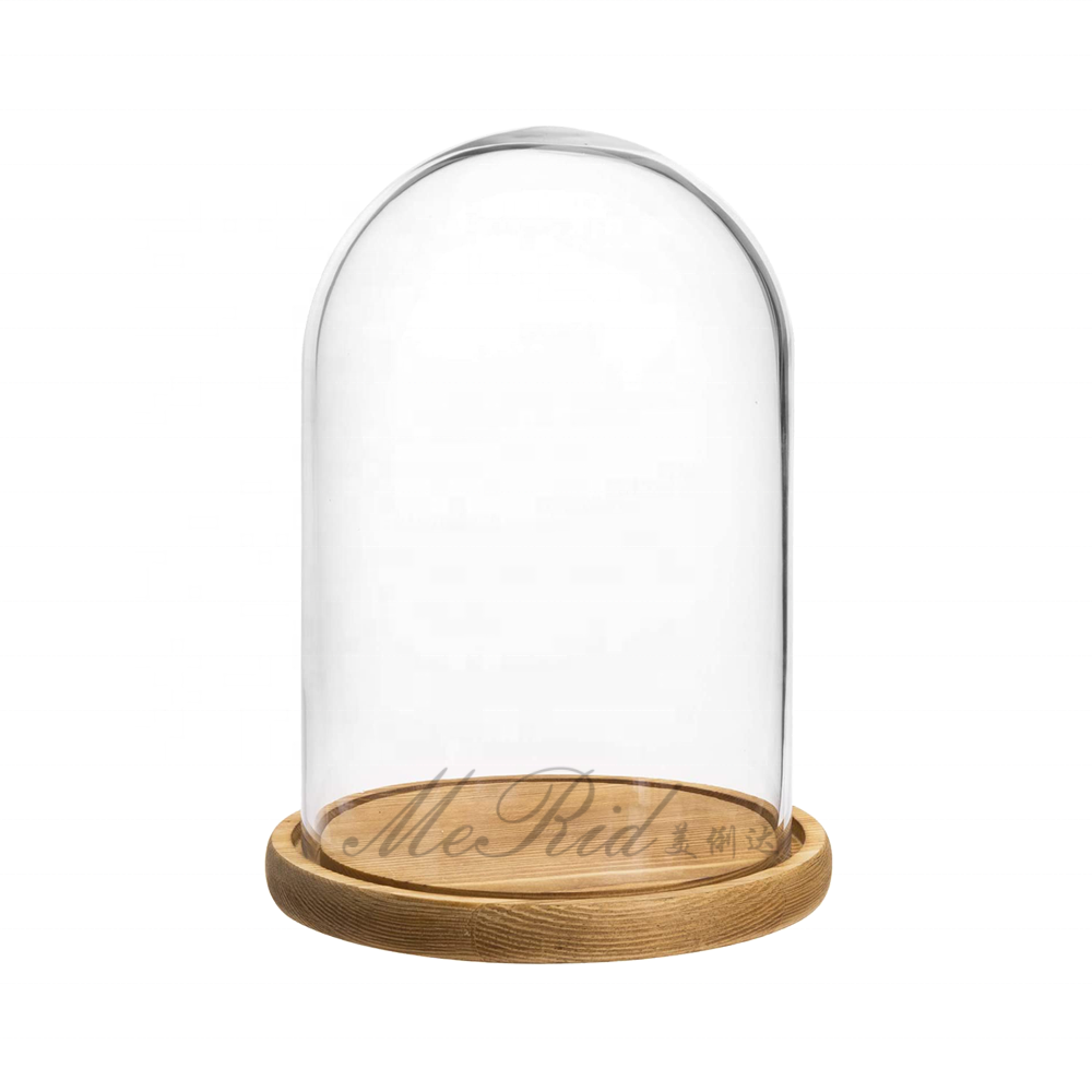 Wholesale Borosilicate Terrarium Clear Empty Hand Blown Glass Bell Jar Cloche Glass Dome Cover with wood base Eco-friendly