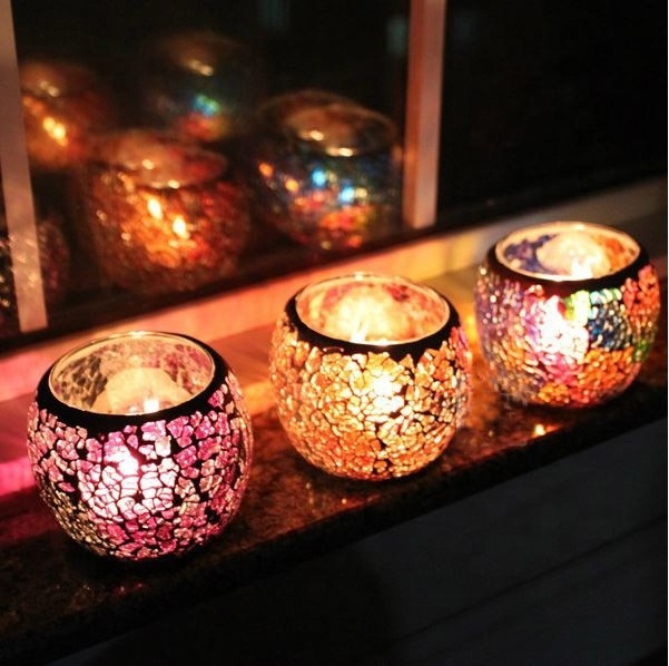 Elegant crackle glass tea light holder is a luxurious addition, Mosaic Hurricane Candle Holders