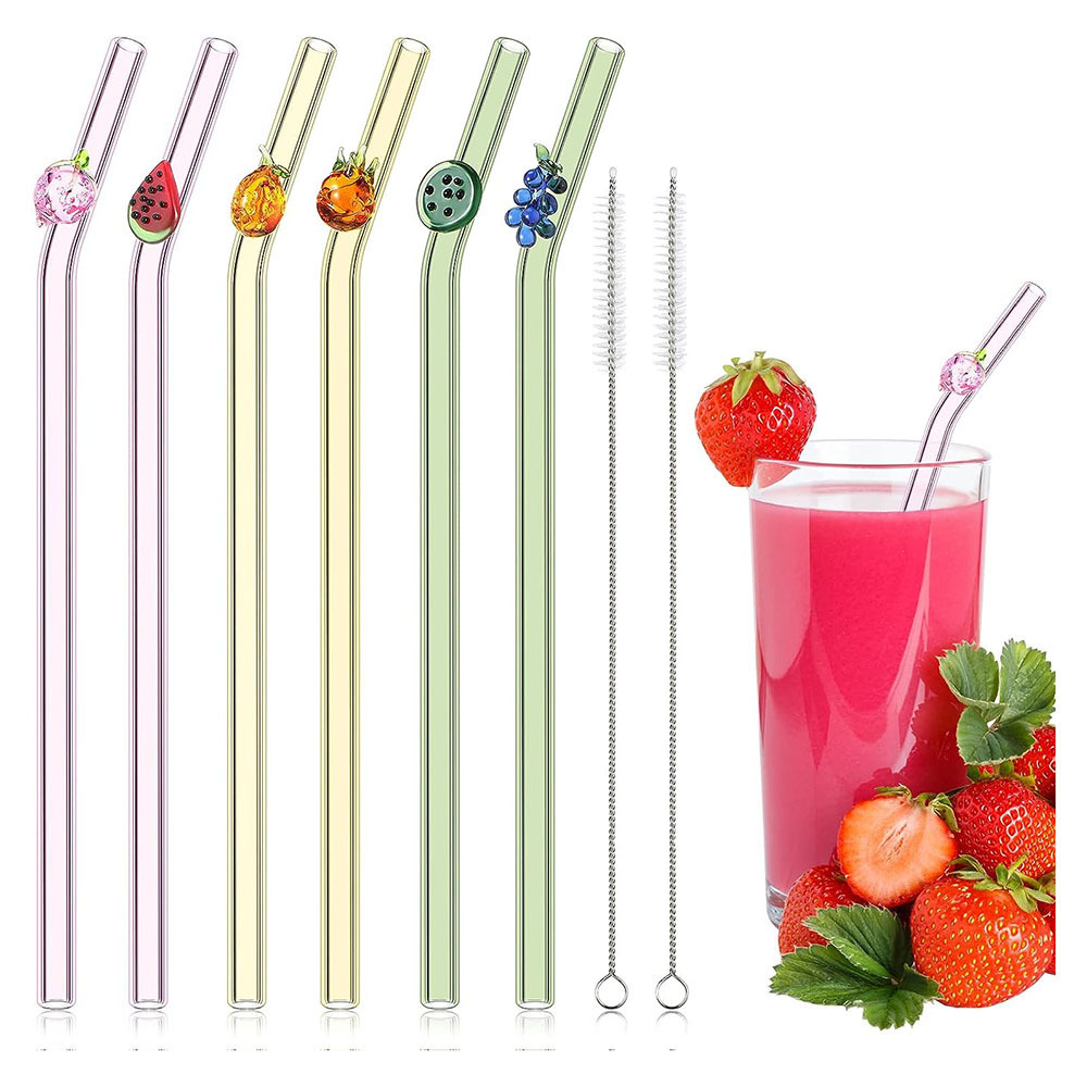 Custom glass straw with design different decorations on reusable straw Fruit/Flower Eco-friendly