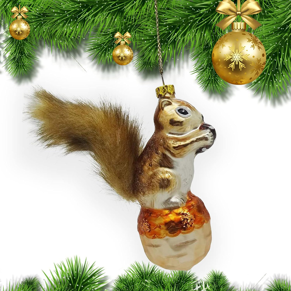 Hand Blown Animal Christmas Tree Hanging Squirrel and Nut Glass Figurines Ornaments for Holidays Eco-friendly