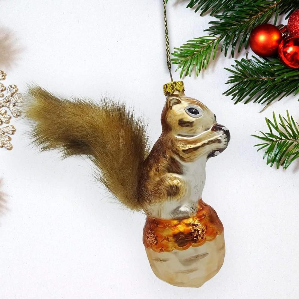 Hand Blown Animal Christmas Tree Hanging Squirrel and Nut Glass Figurines Ornaments for Holidays Eco-friendly