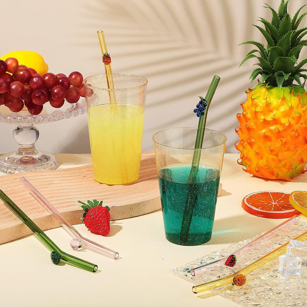 Custom glass straw with design different decorations on reusable straw Fruit/Flower Eco-friendly