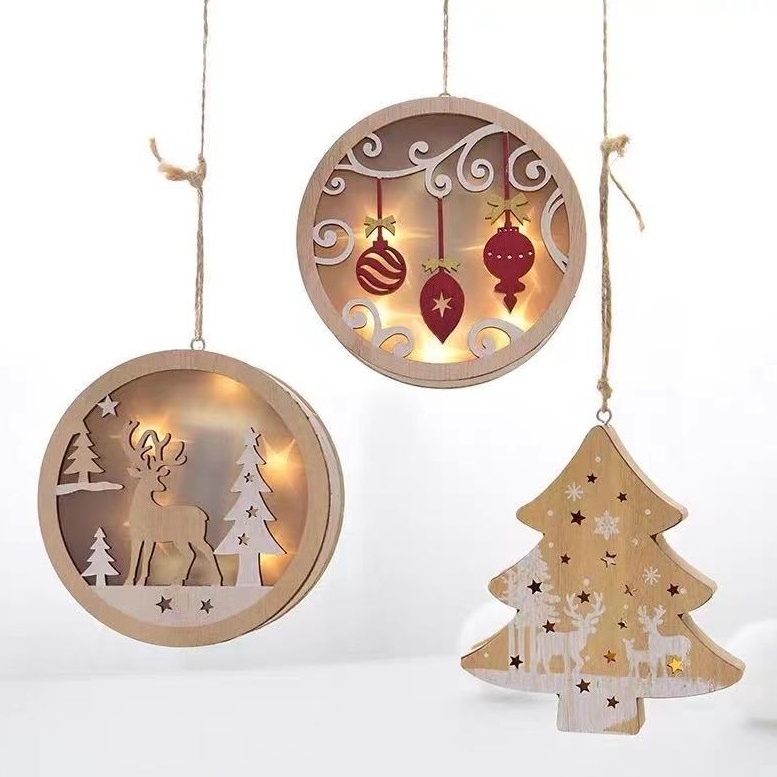 Wholesale Hand made  LED Personalized Christmas Tree Hanging Wood Ornament Xmas Eco-friendly