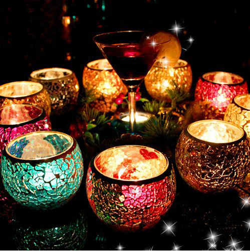 Elegant crackle glass tea light holder is a luxurious addition, Mosaic Hurricane Candle Holders