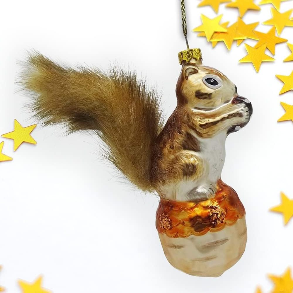 Hand Blown Animal Christmas Tree Hanging Squirrel and Nut Glass Figurines Ornaments for Holidays Eco-friendly