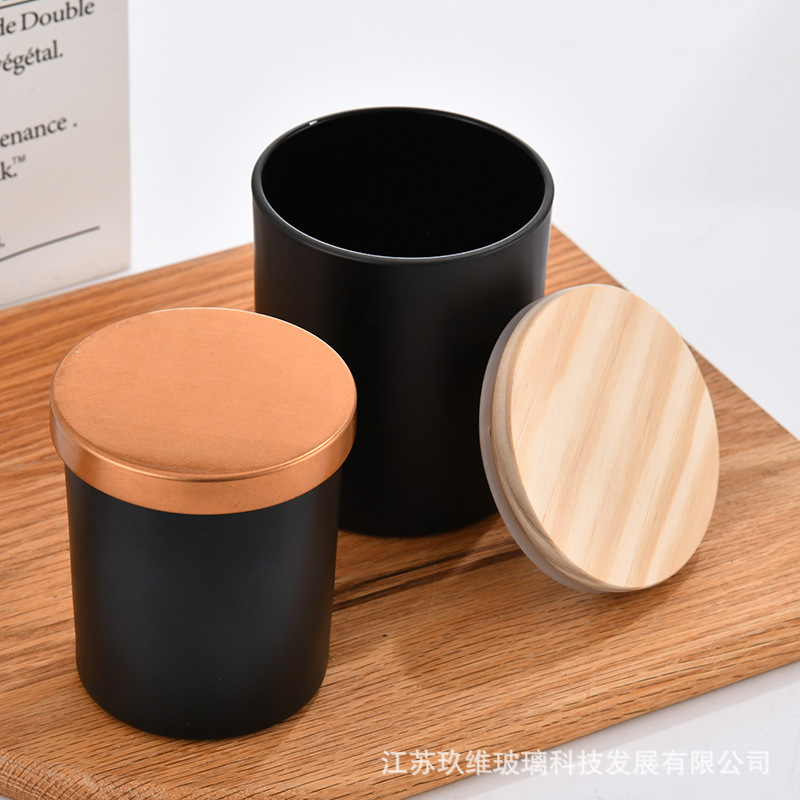 Custom Luxury Black Candle jar Empty glass jars for candle making With Wooden Lid candle holders