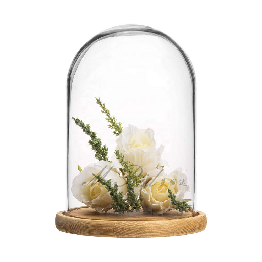 Wholesale Borosilicate Terrarium Clear Empty Hand Blown Glass Bell Jar Cloche Glass Dome Cover with wood base Eco-friendly