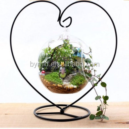 Flower glass vase with heart shape metal stand for wedding decoration