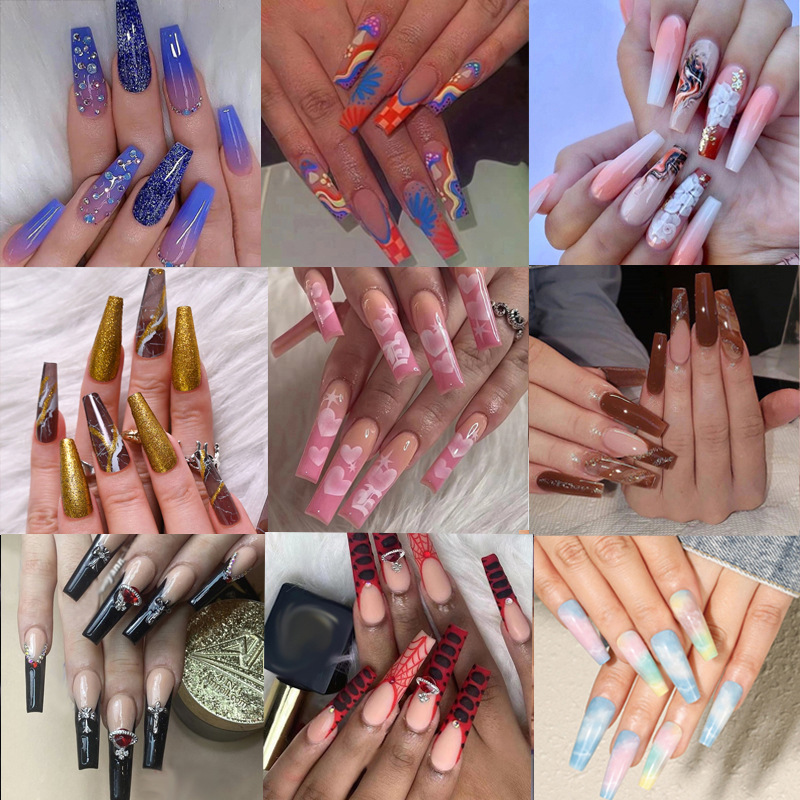 24pcs/set Full Cover/half colorful Ballerina False Nail Art Artificial Long Tips Coffin Designed Press On Nails