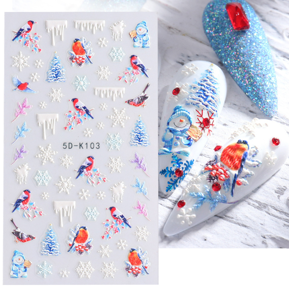 Hot Sale 3D Self Adhesive Christmas Nail Decals Decorations 5D Embossed Stereoscopic Christmas Nail Art Stickers