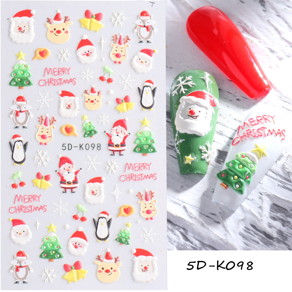 Hot Sale 3D Self Adhesive Christmas Nail Decals Decorations 5D Embossed Stereoscopic Christmas Nail Art Stickers