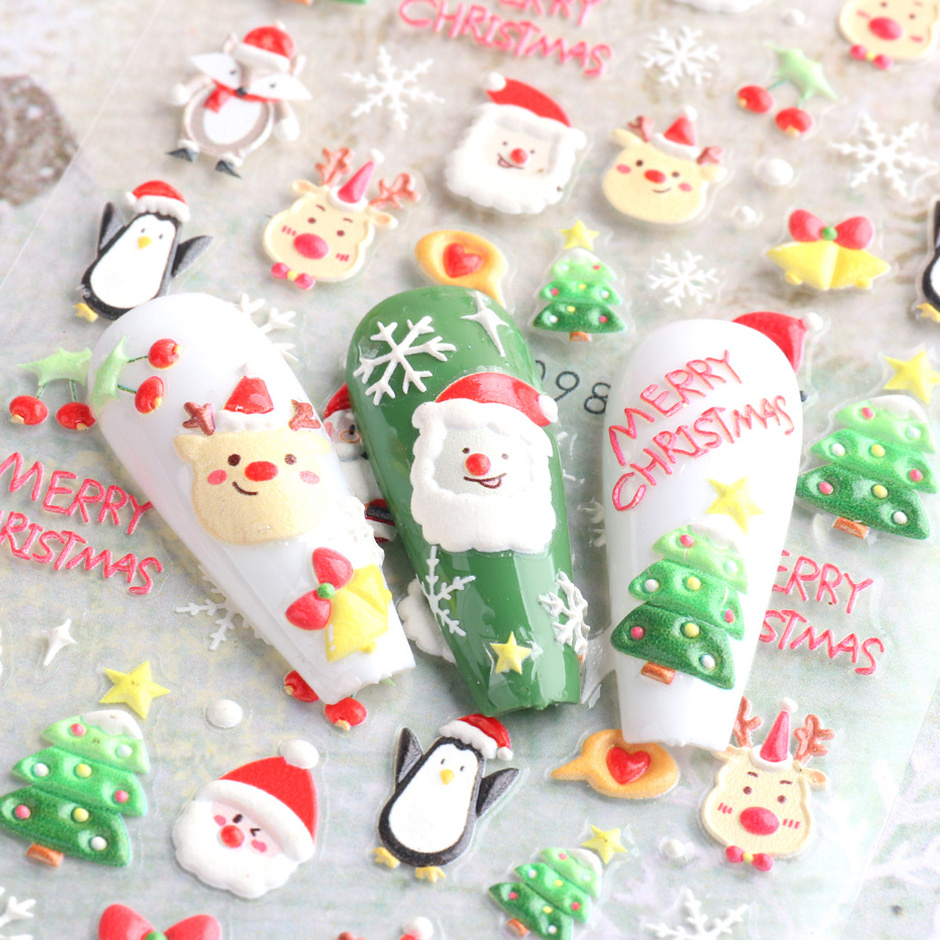 Hot Sale 3D Self Adhesive Christmas Nail Decals Decorations 5D Embossed Stereoscopic Christmas Nail Art Stickers