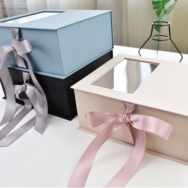 Luxury Rectangle Design Paper Luxury Flower Gift Packaging Box With Clear Window And Ribbon