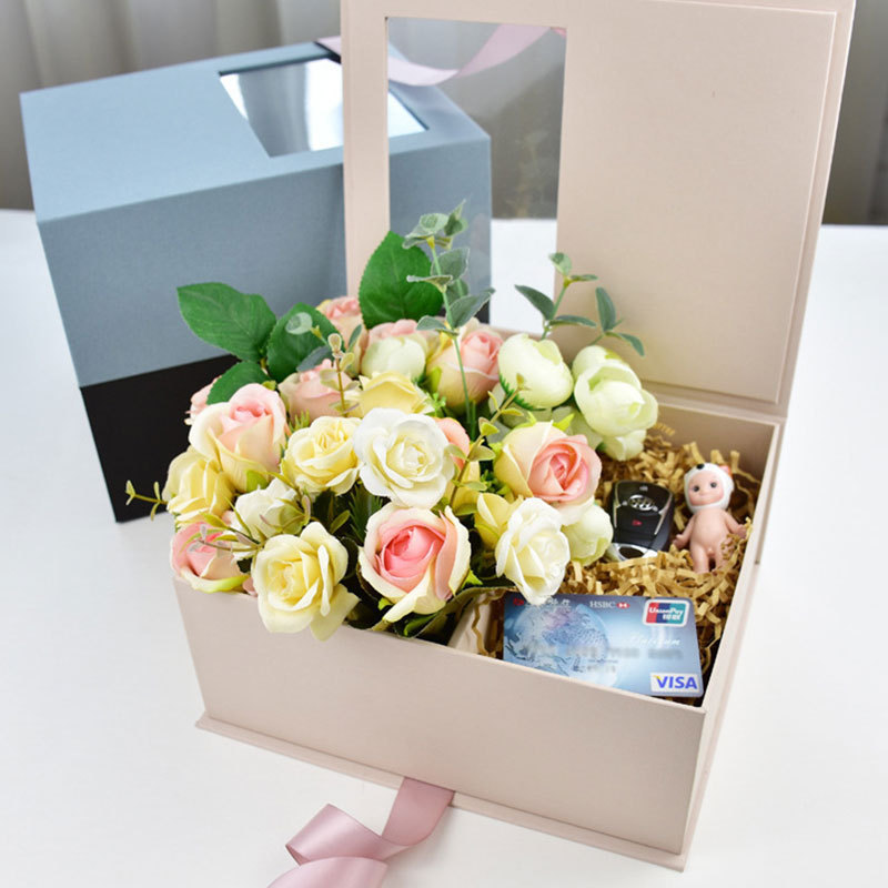 Luxury Rectangle Design Paper Luxury Flower Gift Packaging Box With Clear Window And Ribbon