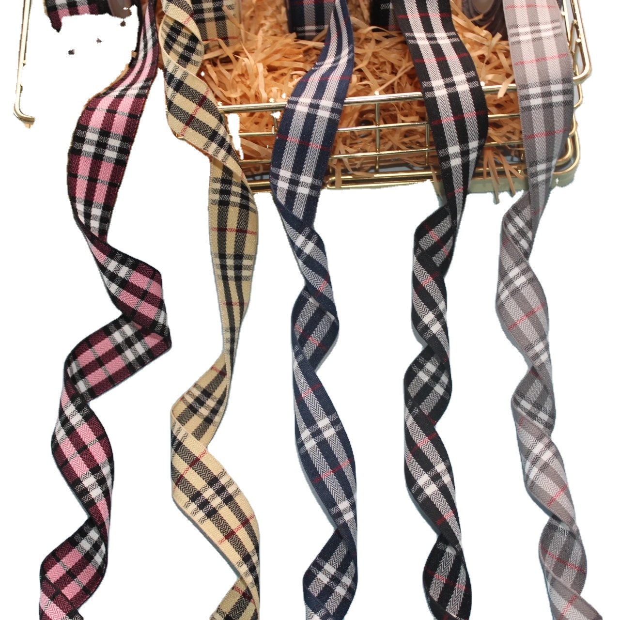 Custom Design Tartan Plaid Ribbon Polyester Material Gingham Ribbon Wired Check Gift Ribbon