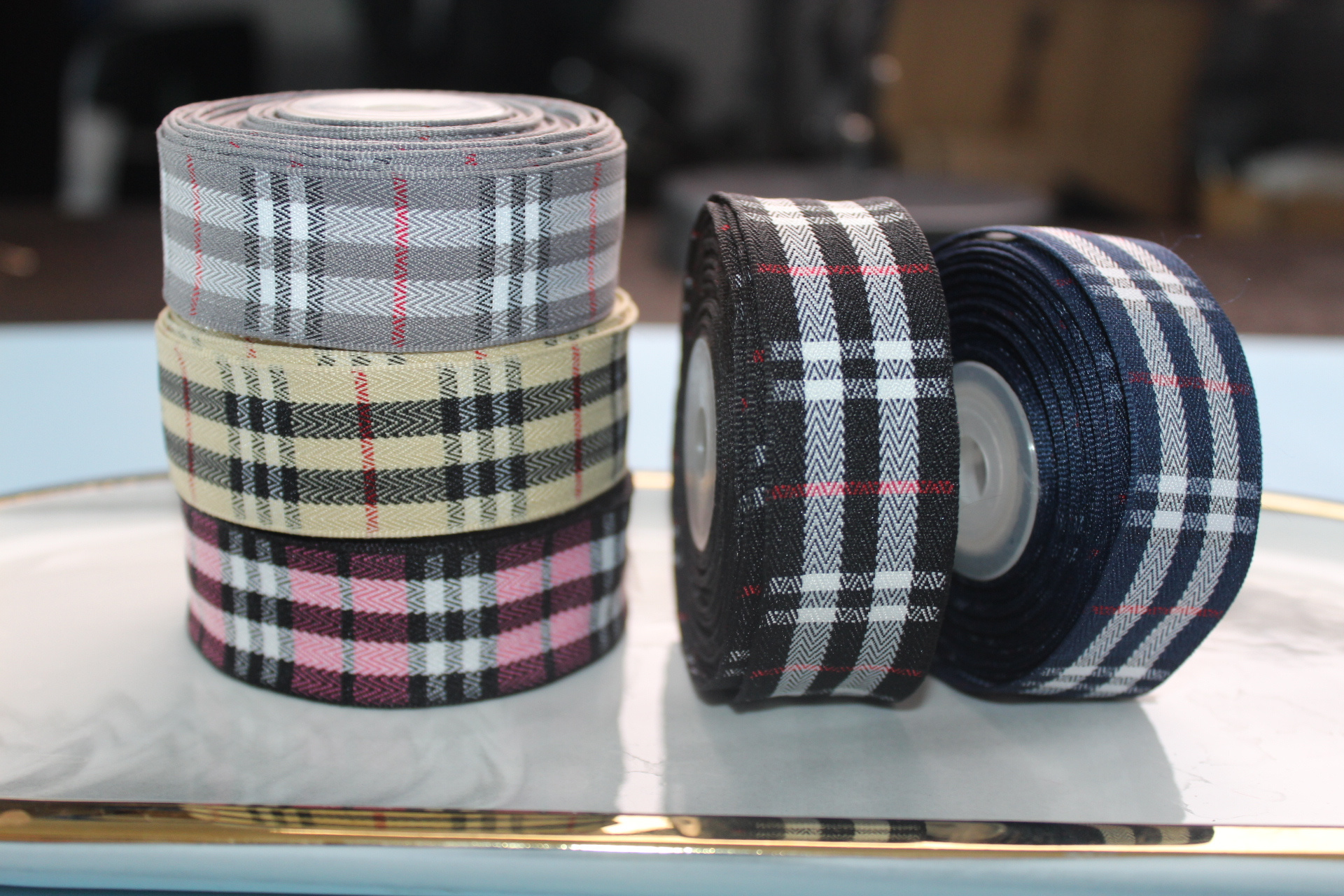 Custom Design Tartan Plaid Ribbon Polyester Material Gingham Ribbon Wired Check Gift Ribbon