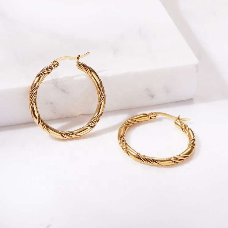 Stainless Steel Jewelry 18K Real Gold Plating Hoop Earrings Thick Chunky Round Twisted Buckle Earring For Women