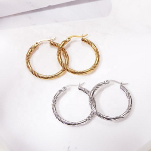 Stainless Steel Jewelry 18K Real Gold Plating Hoop Earrings Thick Chunky Round Twisted Buckle Earring For Women