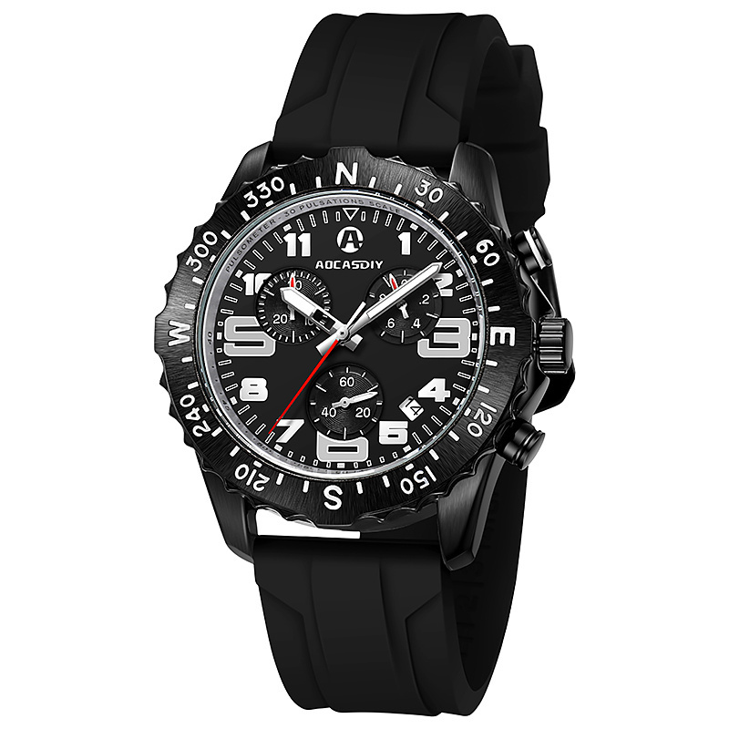 Aocasdiy Endurance  Chronograph Quartz Black Dial Multifunctional Fashion Business Sports Calendar Silicone Strap Men  Watch