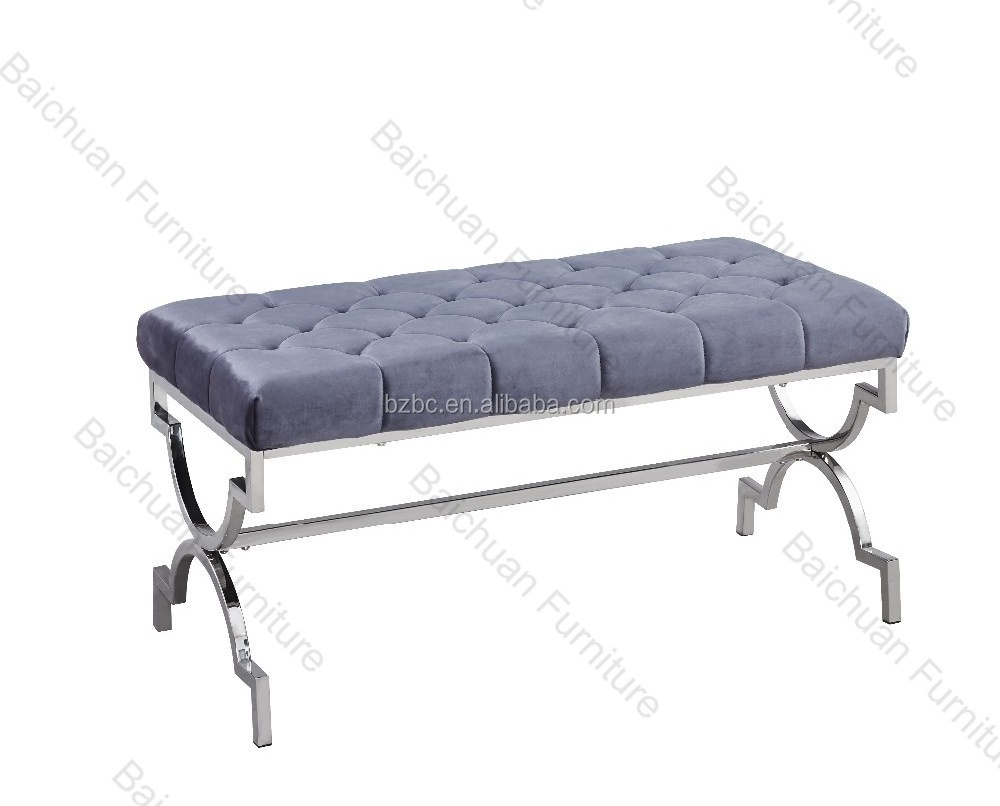 2024 modern good quality stainless steel silver bed end stool bench for bedroom fabric and velvet seat bench for home decor