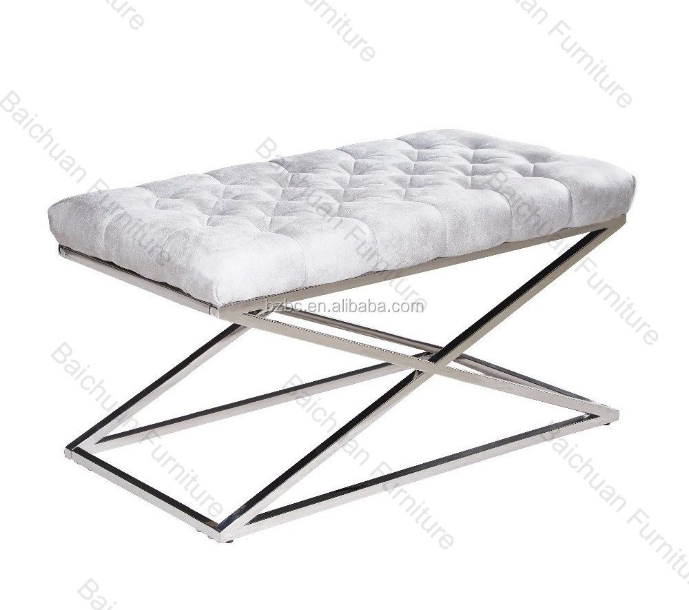 2024 modern good quality stainless steel silver bed end stool bench for bedroom fabric and velvet seat bench for home decor