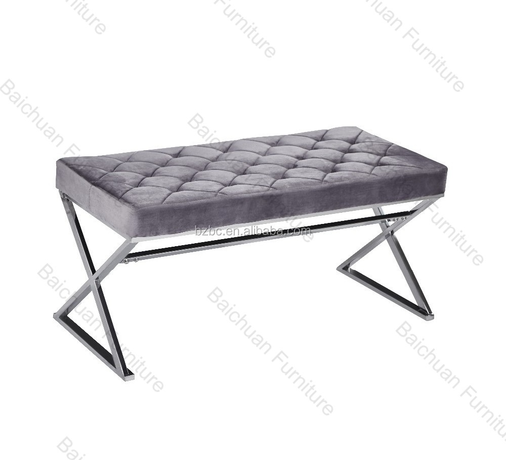 2024 modern good quality stainless steel silver bed end stool bench for bedroom fabric and velvet seat bench for home decor