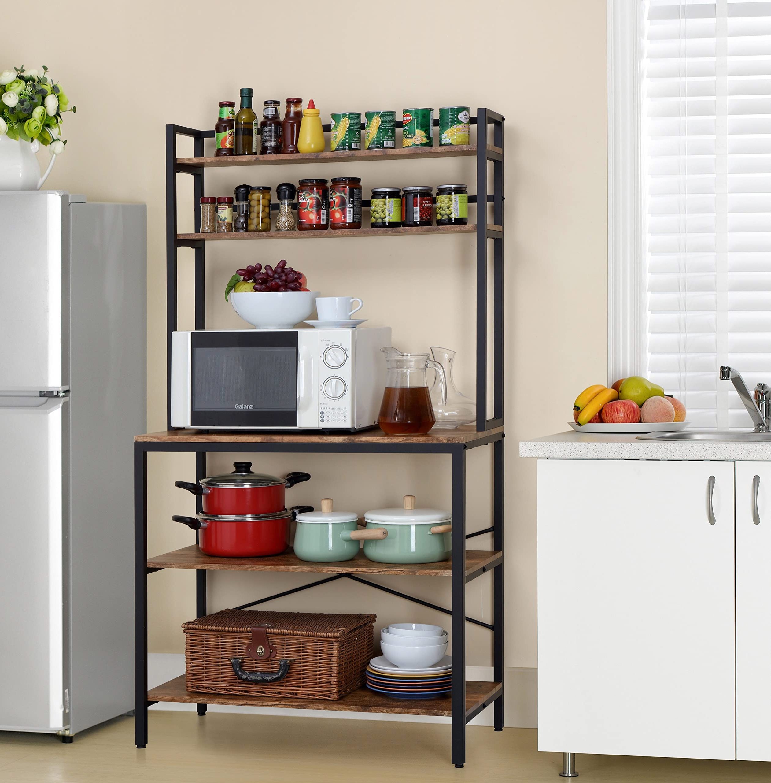 5-tier kitchen storage rack shelf hutch, wood kitchen furniture microwave stand shelving rack metal