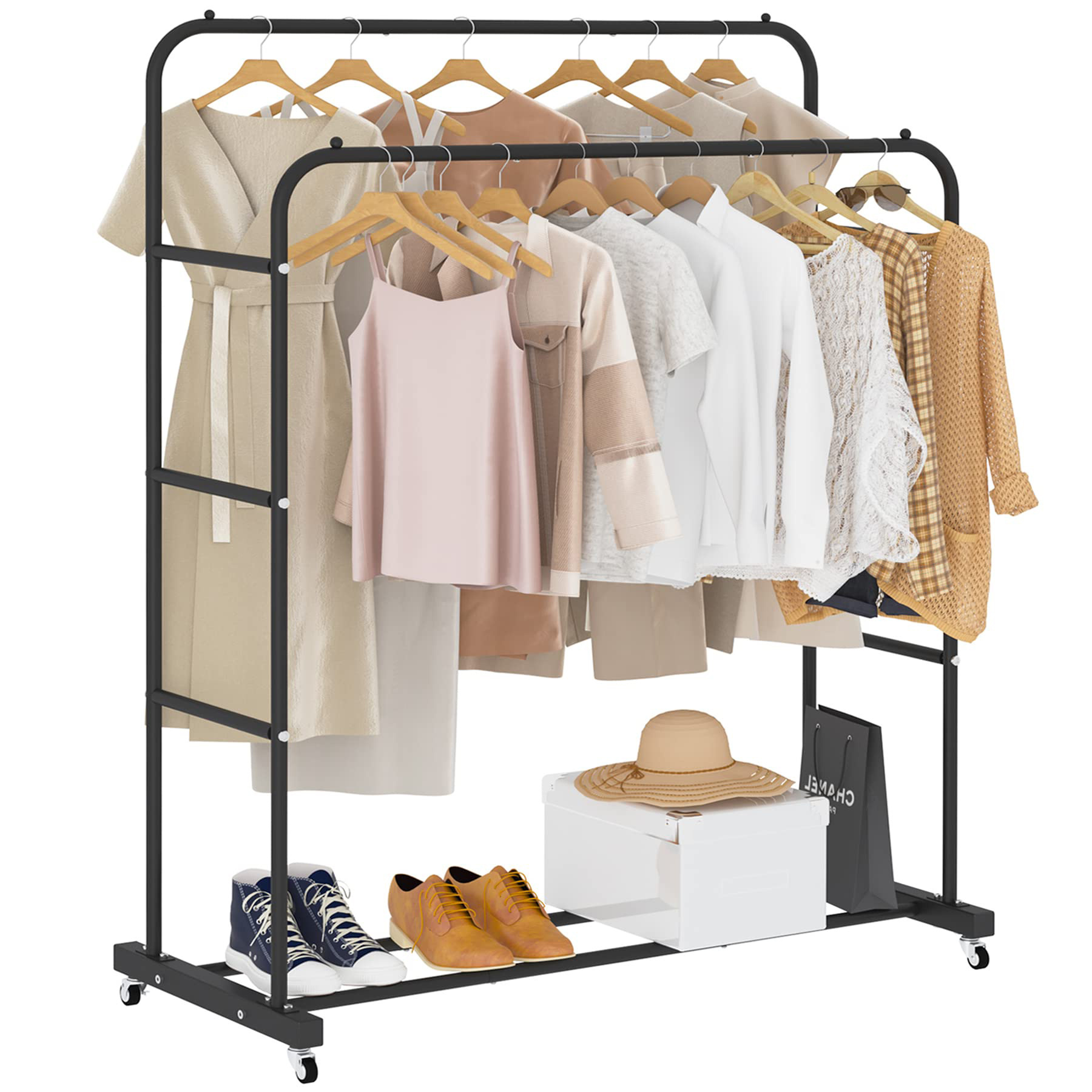 Coat rack stand double rod garment rack portable rolling clothes rack on wheels for hanging clothes