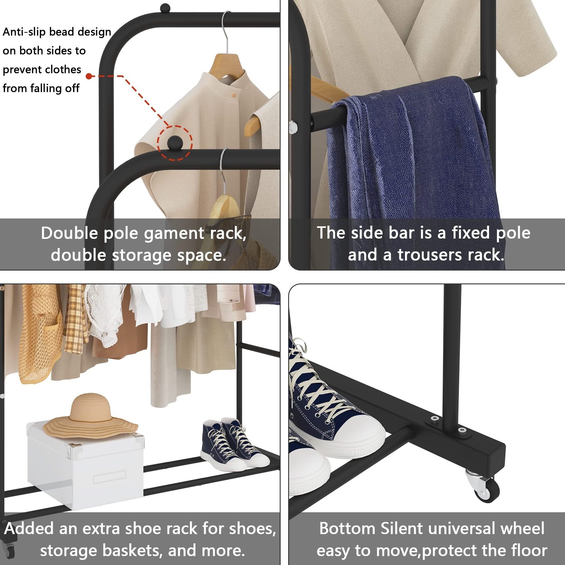 Coat rack stand double rod garment rack portable rolling clothes rack on wheels for hanging clothes