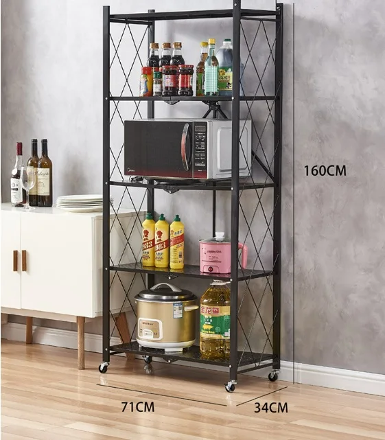 Kitchen Multi layer multi functional shelf floor with wheels steel folding storage rack on the countertop organizer