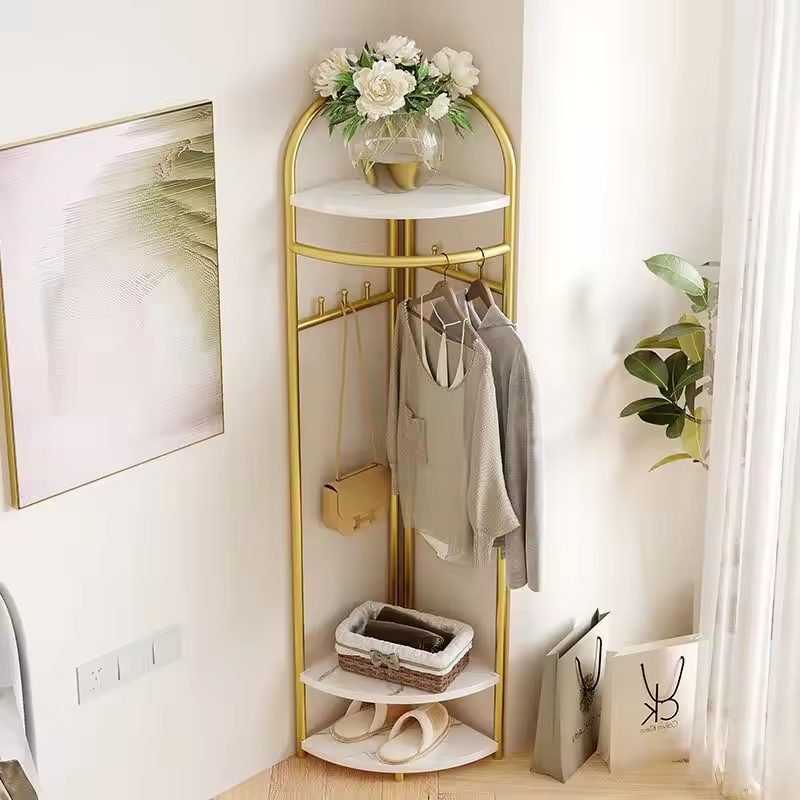 Wholesale simple three-layer floor metal vertical clothes rack  shoe rack  corner clothes and hat rack