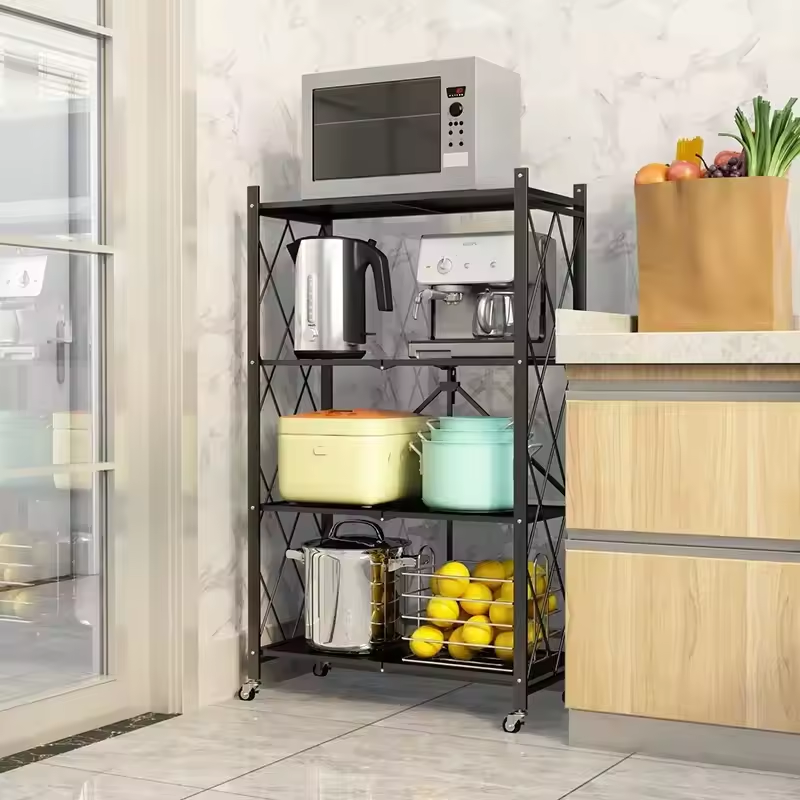 Wholesale floor standing multi-layer installation free kitchen folding rack microwave storage multifunctional kitchen shelves