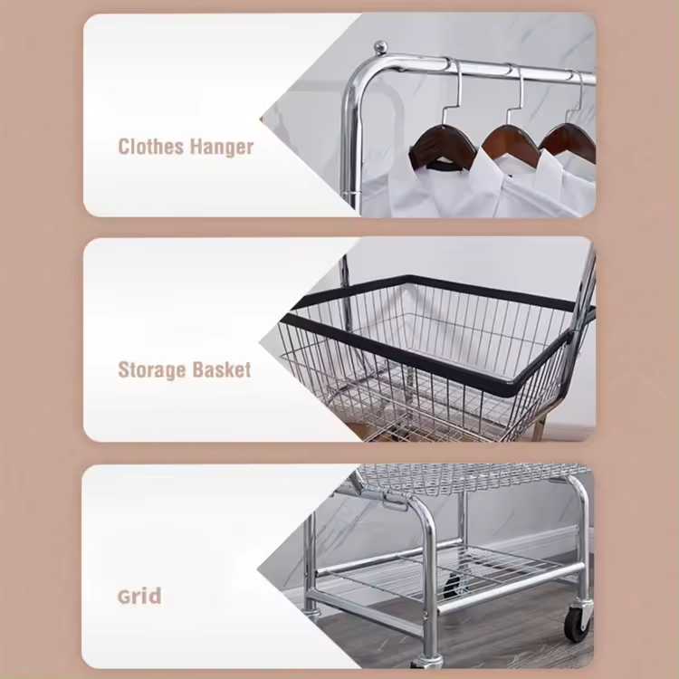 Rolling laundry basket cart with wire storage rack and suspension rack wholesale