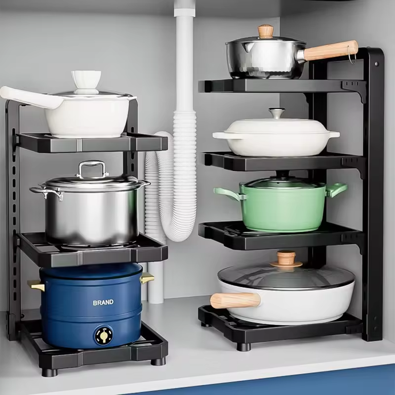 The pot and pot organizer in the cabinet The adjustable pot organizer rack under the cabinet The kitchen cabinet storage rack