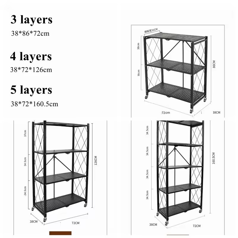 4-layer 3-layer metal folding storage rack  metal storage for household kitchen shelves with wheels