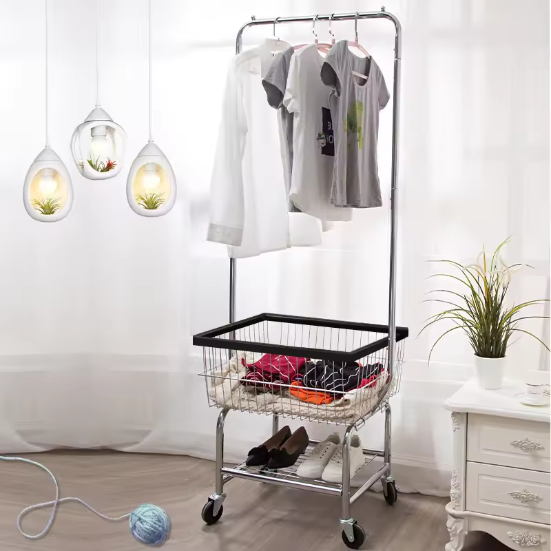 Rolling laundry basket cart with wire storage rack and suspension rack wholesale