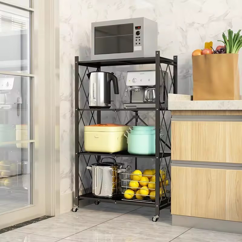 4-layer 3-layer metal folding storage rack  metal storage for household kitchen shelves with wheels