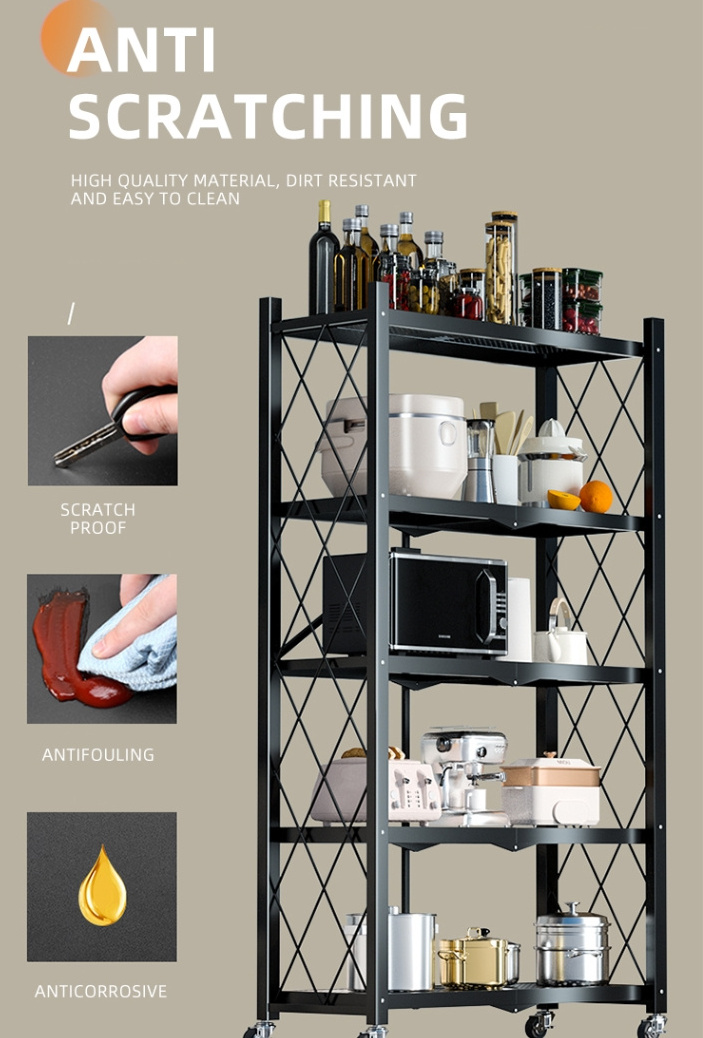 Custom 5 Tier Black Foldable Steel Kitchen Storage Rack Shelf Display Shelving Units