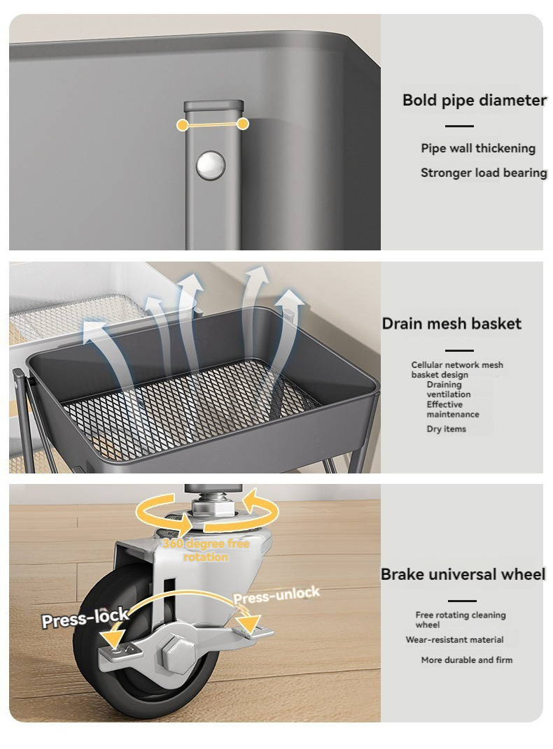 Wholesale Iron White Large Food Three Floor Kitchen Storage Trolley Cart Organizer