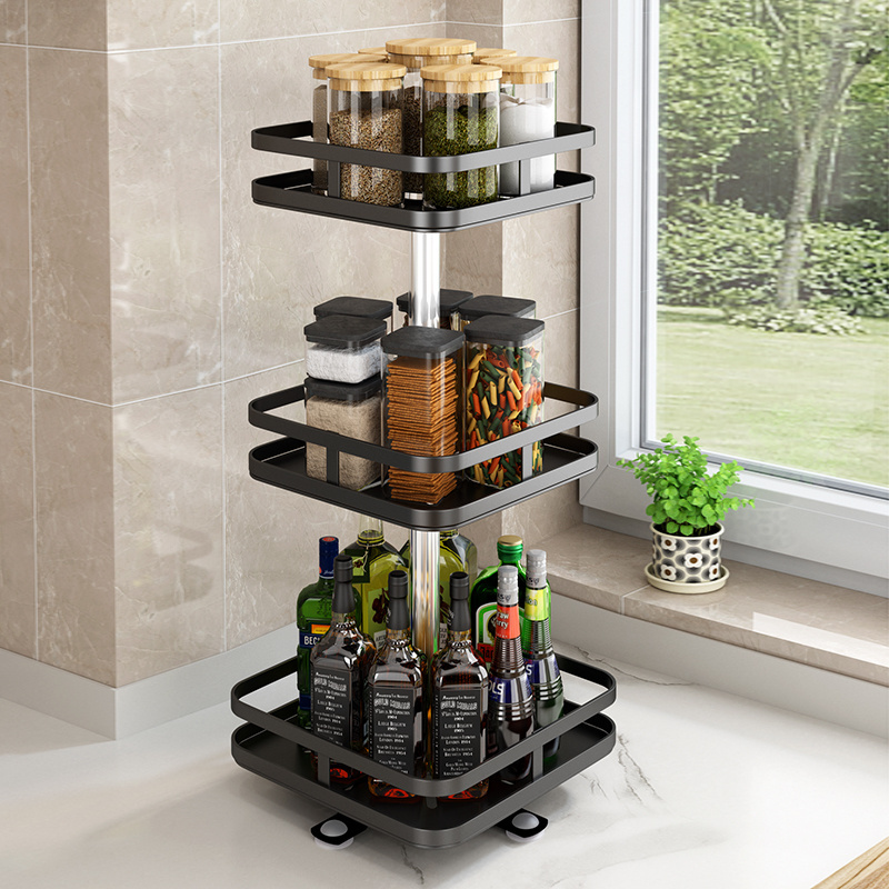 Kitchen Shelves Adjustable Rotating Spice Shelf Combination Set 2 tiers Square Black Seasoning Spice Jar Storage Rack