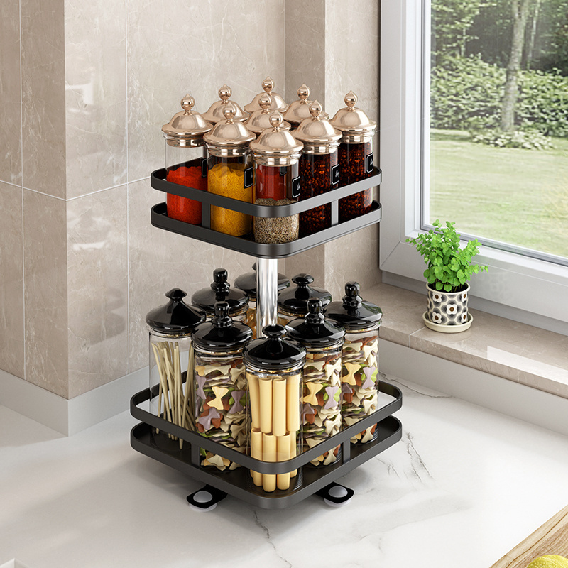 Kitchen Shelves Adjustable Rotating Spice Shelf Combination Set 2 tiers Square Black Seasoning Spice Jar Storage Rack