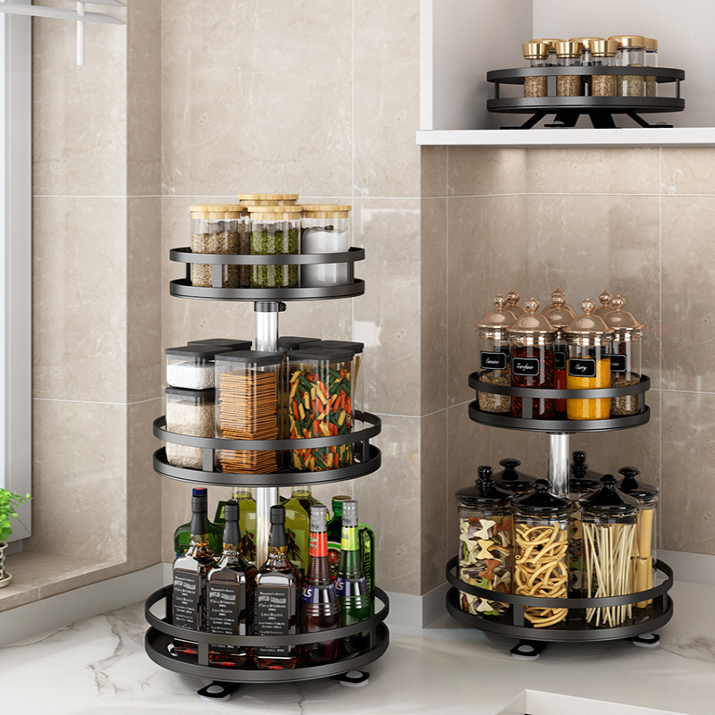 Kitchen Shelves Adjustable Rotating Spice Shelf Combination Set 2 tiers Square Black Seasoning Spice Jar Storage Rack