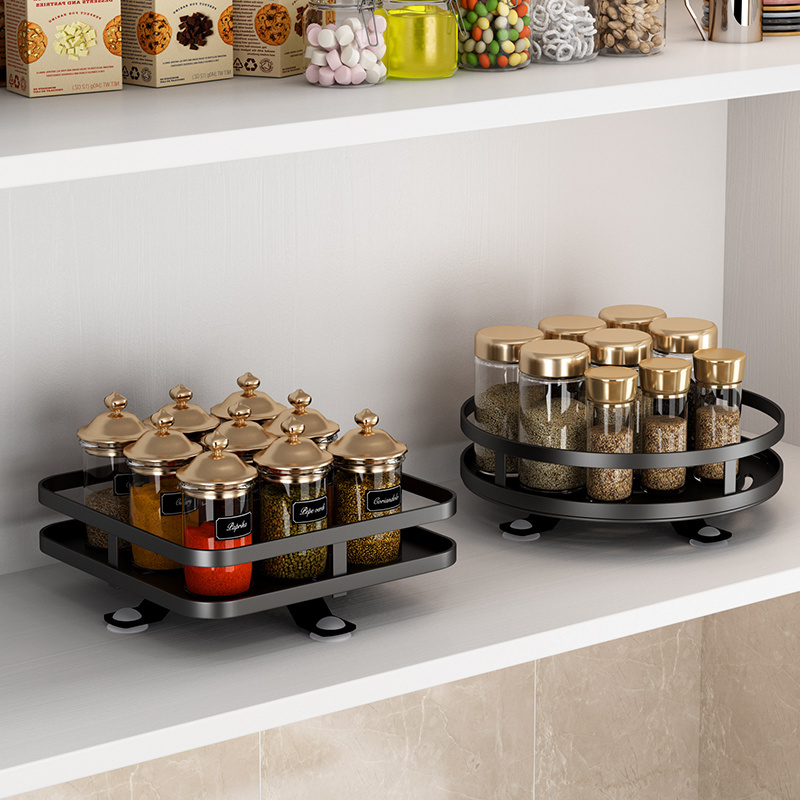 Kitchen Shelves Adjustable Rotating Spice Shelf Combination Set 2 tiers Square Black Seasoning Spice Jar Storage Rack