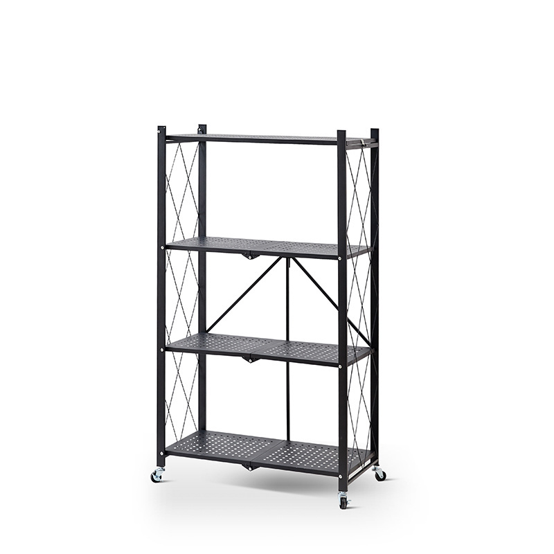 Foldable Kitchen Standing Shelving Unit Shelves Metal Storage Folding Pantry Rack with Wheels 4-tier Mobile Iron Household Rack