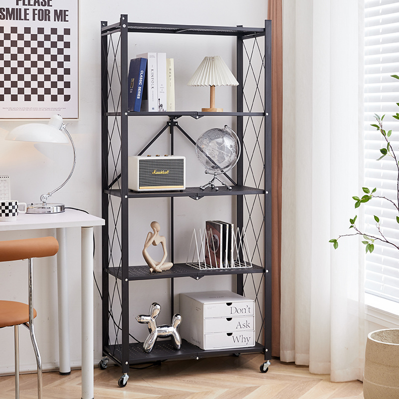 Foldable Kitchen Standing Shelving Unit Shelves Metal Storage Folding Pantry Rack with Wheels 4-tier Mobile Iron Household Rack