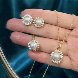 Classic Sunflower Set Natural High Quality Freshwater Pearl Pendant Necklace Earrings Ring Set Women's Pearl Set