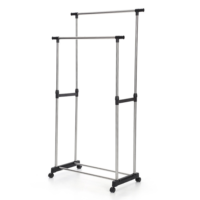 Good Supplier heavy duty Adjustable Double Rod Clothes Drying Rolling Garment Rack