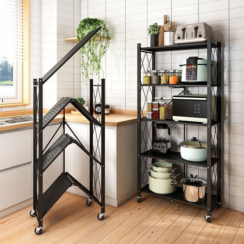 Black Kitchen Rack Multi-functional Square Rotating Floor Multi-layer Folding Kitchen Storage Rack Shelves