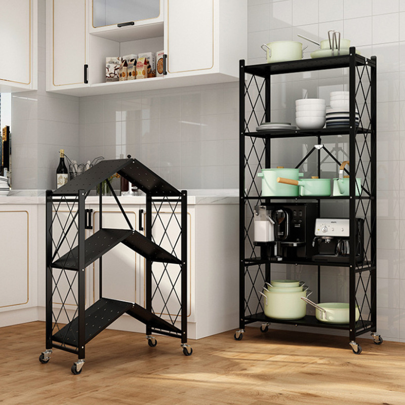 Black Kitchen Rack Multi-functional Square Rotating Floor Multi-layer Folding Kitchen Storage Rack Shelves