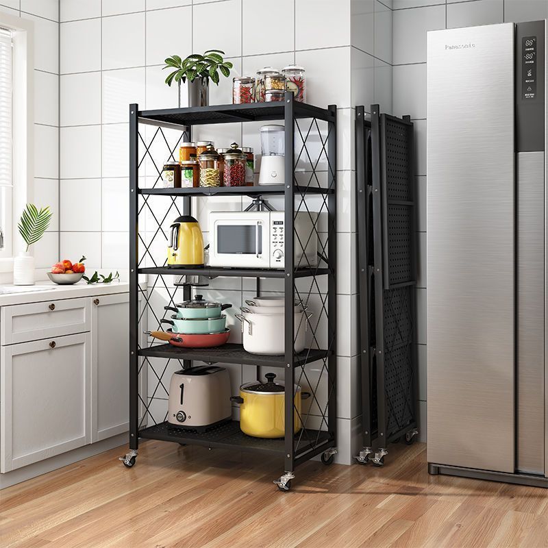 Black Kitchen Rack Multi-functional Square Rotating Floor Multi-layer Folding Kitchen Storage Rack Shelves